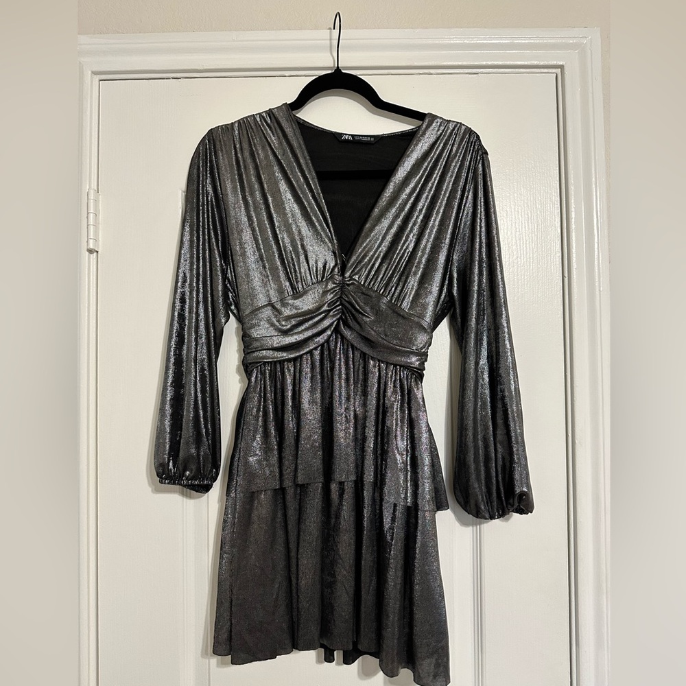 Zara Metallic Silver Long Sleeve Dress
